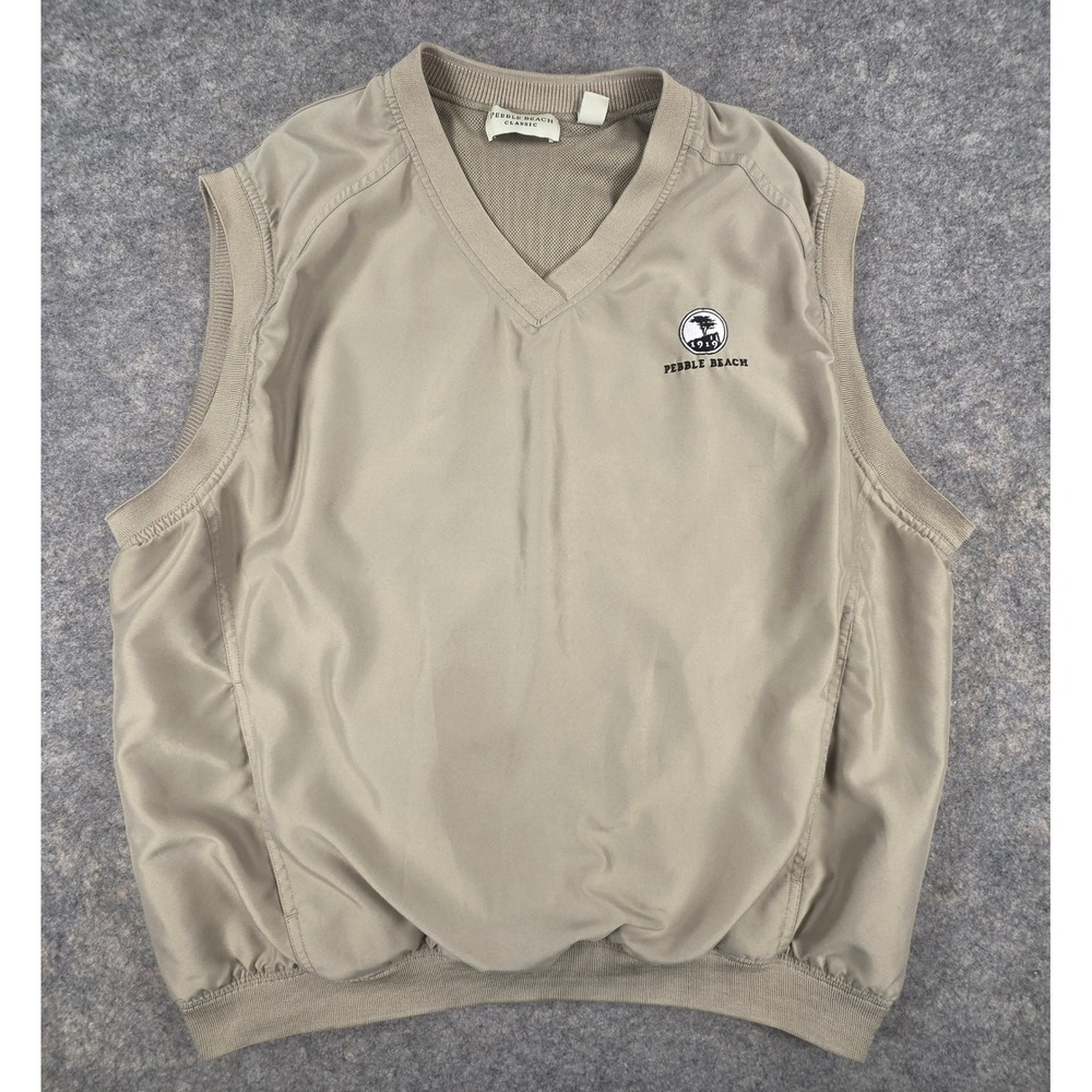 Pebble Beach Classic Mens Large Tan Khaki V-Neck Golf Windbreaker Vest Logo 1919